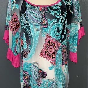 LN~Boutique~Floral/Paisley~Ruffled 3/4 Length Bell Sleeve~Top~Made In USA~Pink